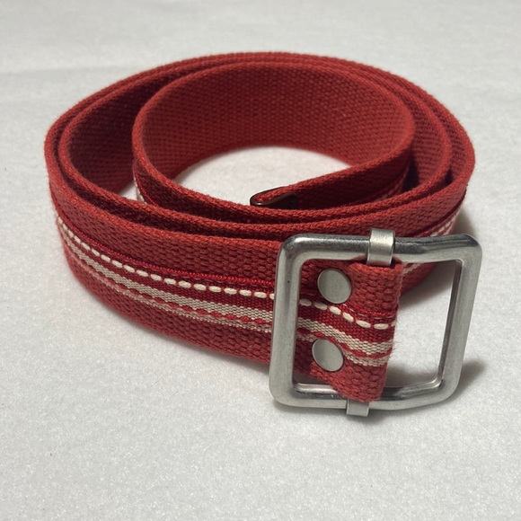 Red Web Belt with Silver Tone Metal Buckle and Leather End. 46”L X 1.5”W. NWOT - Picture 1 of 6